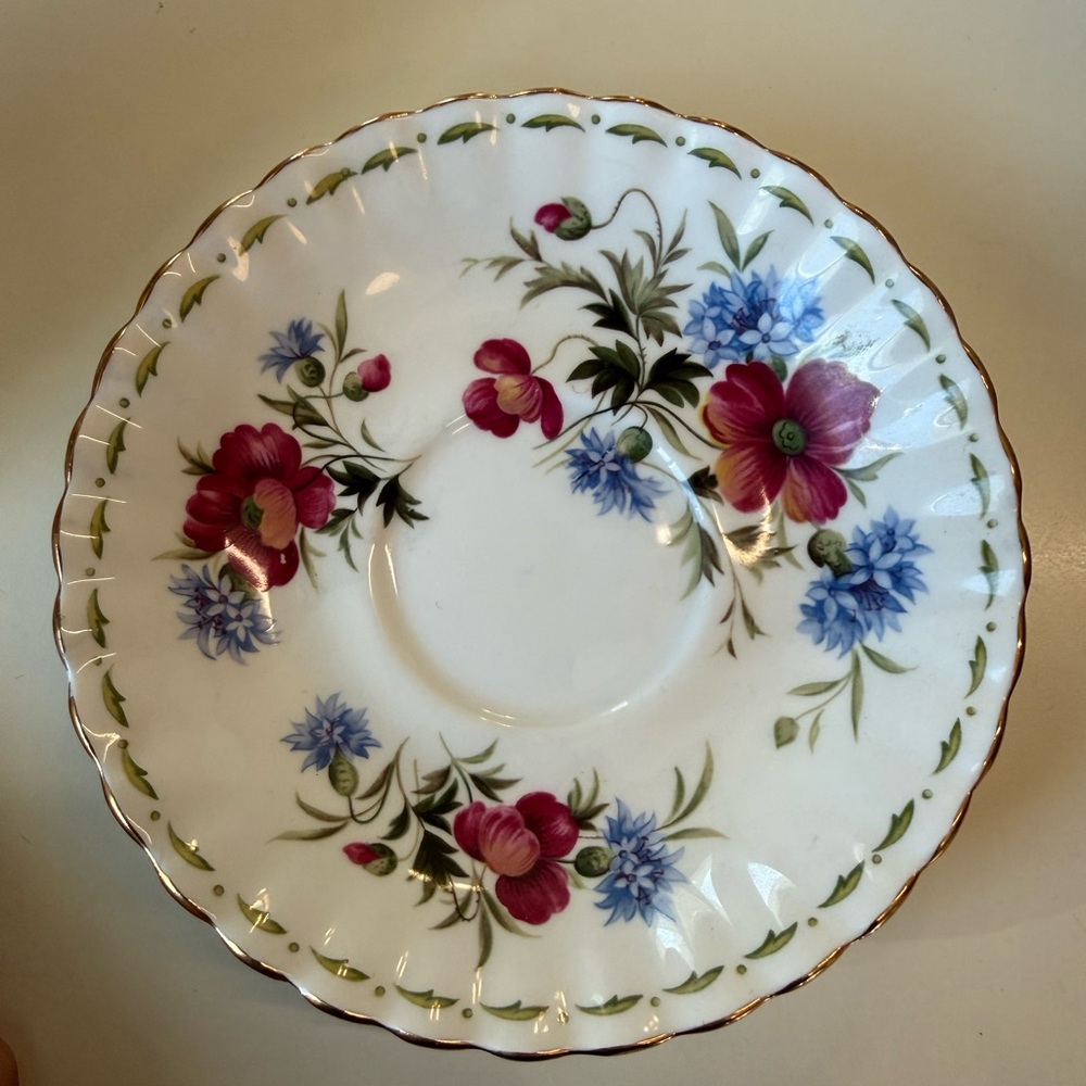 August Floral Bone China Teacup and Saucer - White with Pink & Blue Flowers - Picture 3 of 3